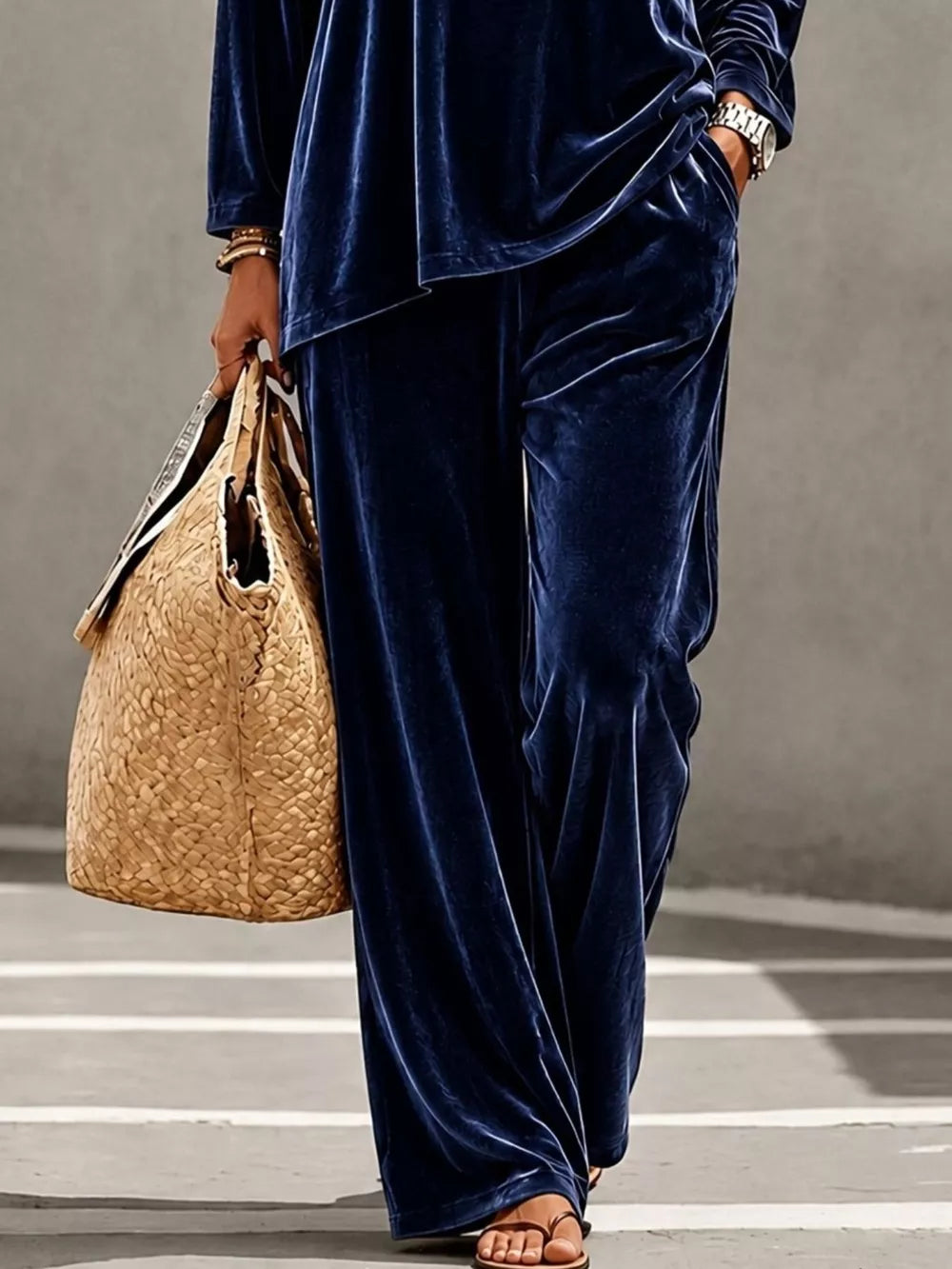 Full Size Velvet Long Sleeve Top And Pants Set in Purple with ruched