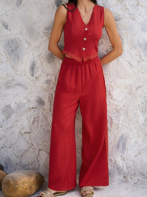 Rust linen vest set with lace trim and wide-leg pants
