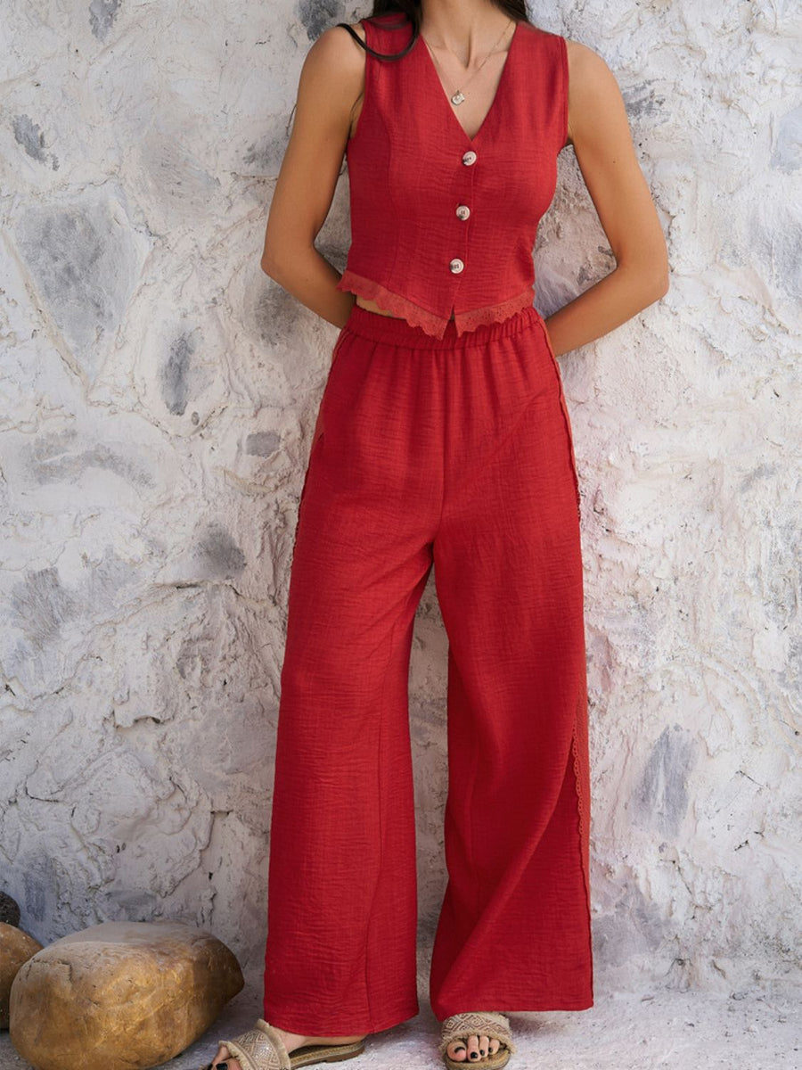 Rust linen vest set with lace trim and wide-leg pants