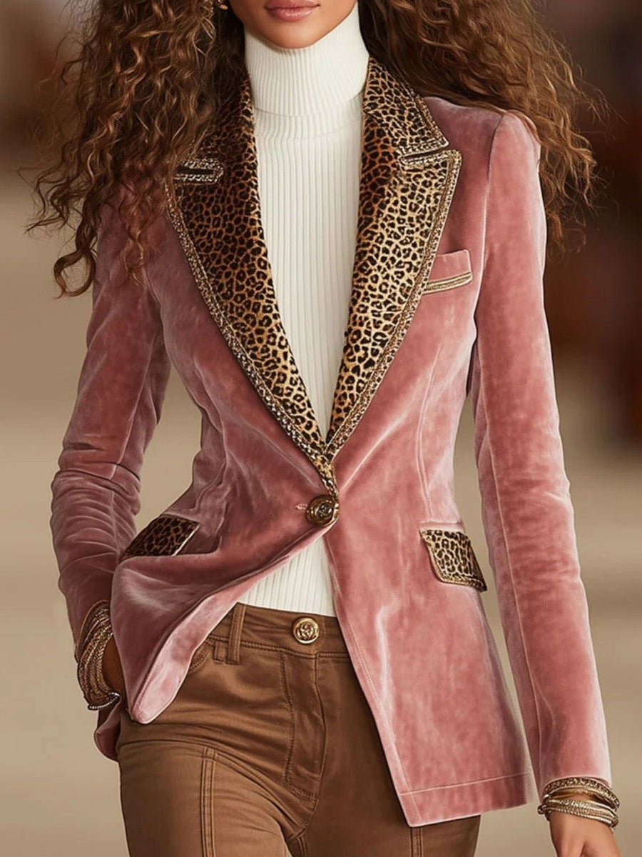 dusty pink blazer with leopard-print and notch lapel