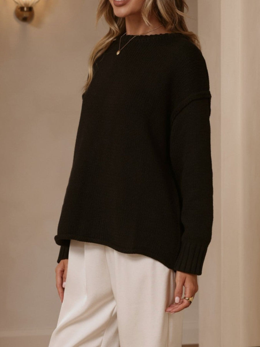 pullover sweater in Brown with dropped shoulders and hip-length