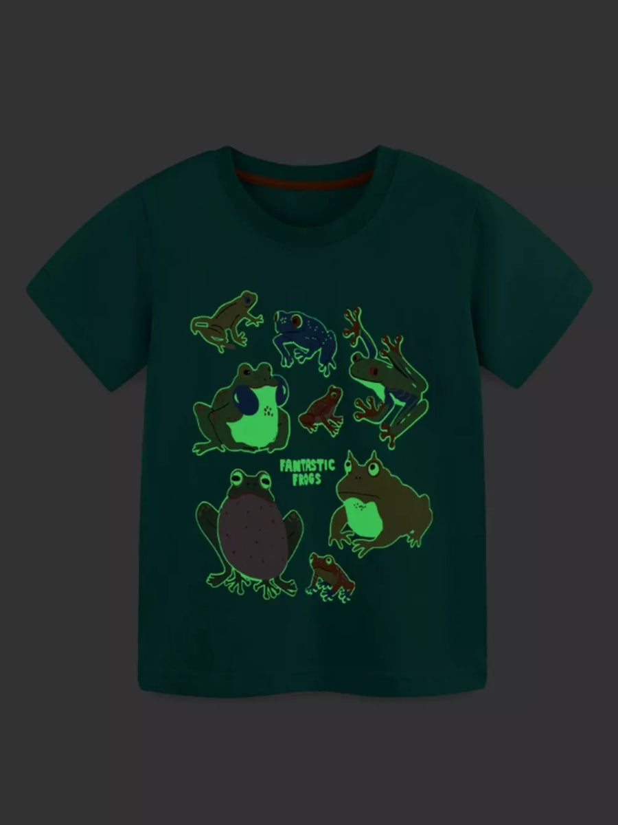 Toddler boys' dark green cotton tee with a glow-in-the-dark frog print and text.