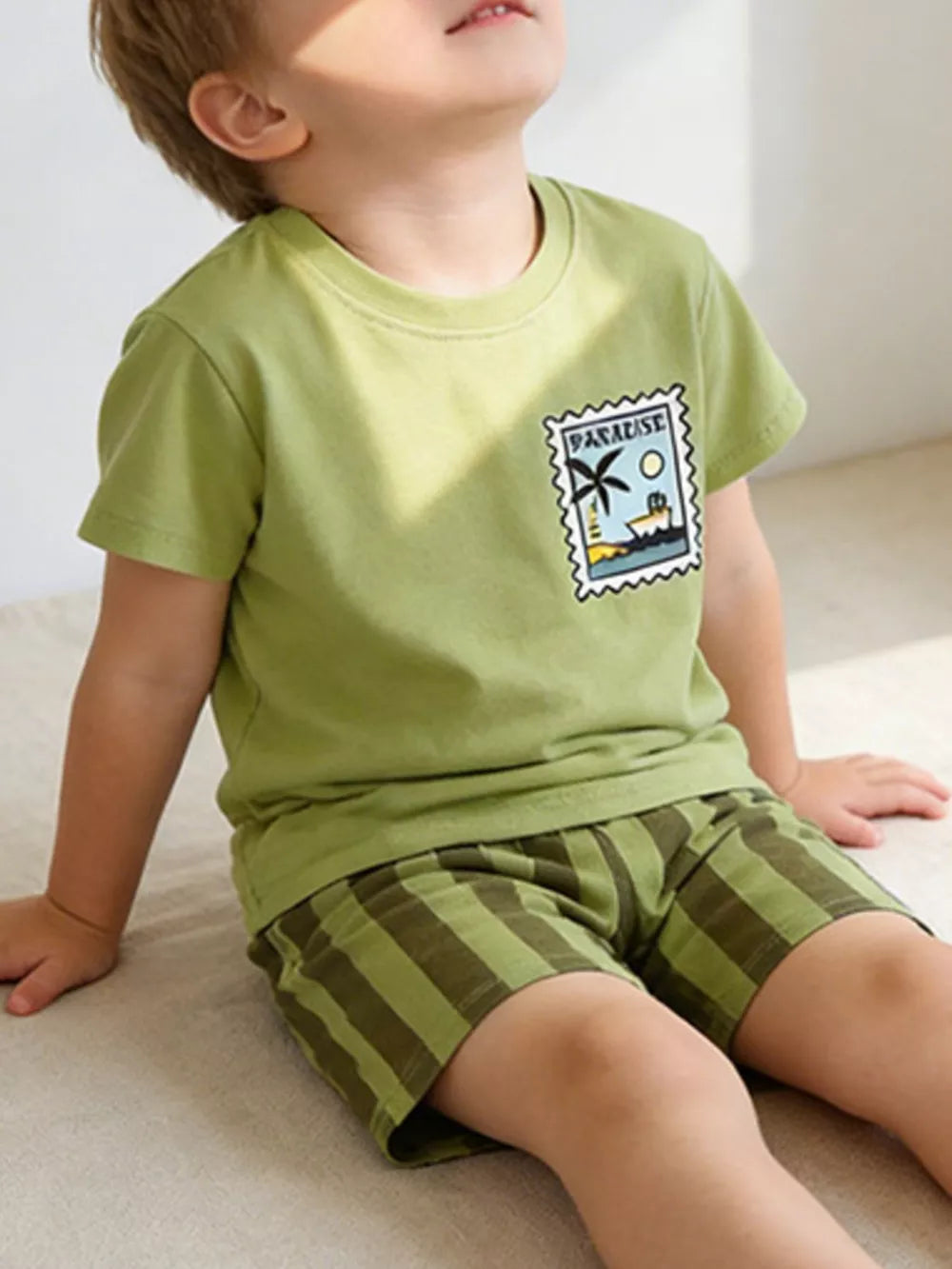 Boys' green graphic tee with tropical stamp and striped shorts set, cotton.