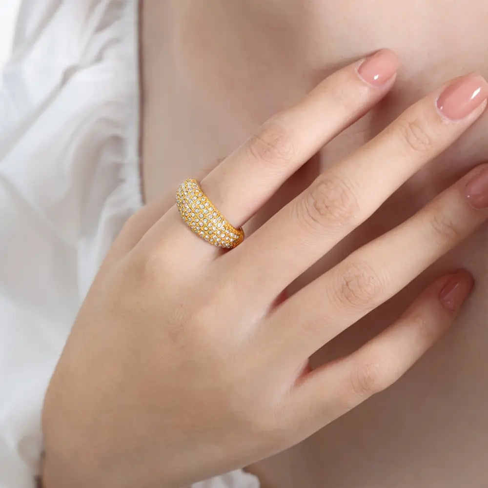 Gold pave dome cocktail ring with clear stones, 18K gold-plated