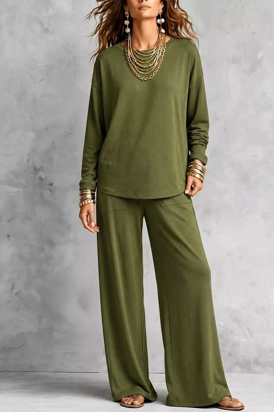 95% polyester, 5% elastane Care instructions: Machine wash cold lounge set in Moss with relaxed silhouette