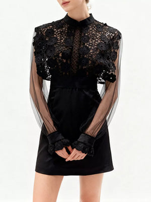 Black with Lace Sheer Sleeve Mini Dress in Black
