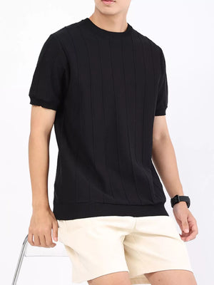 Black textured short sleeve t-shirt for men with crew neck and ribbed hem.