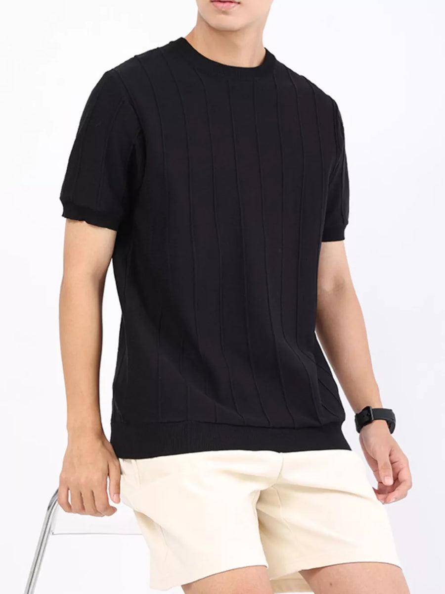 Black textured short sleeve t-shirt for men with crew neck and ribbed hem.