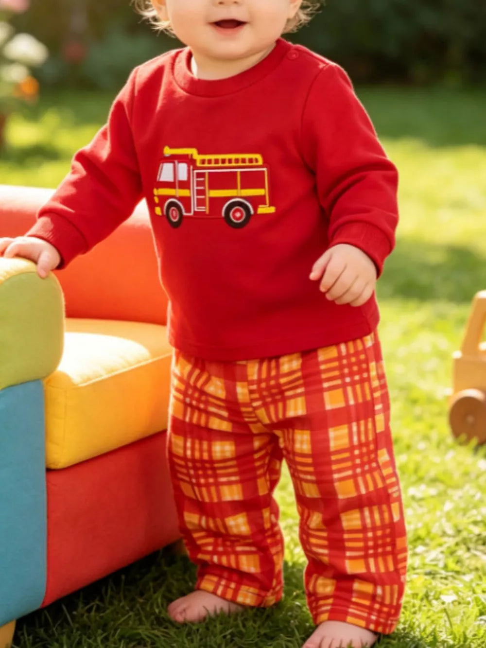 Red Children's Fire Truck Embroidered Top And Pants Set