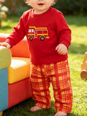 Red Children's Fire Truck Embroidered Top And Pants Set
