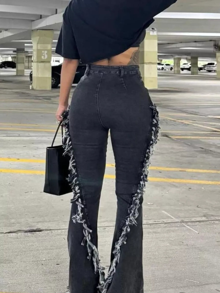 Frayed hem high-waist flare jeans in black gray with deconstructed side details.