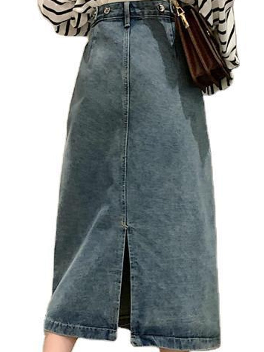 High-Waisted Vintage Wash Midi Denim Skirt Plus Size in Dark Blue with washed