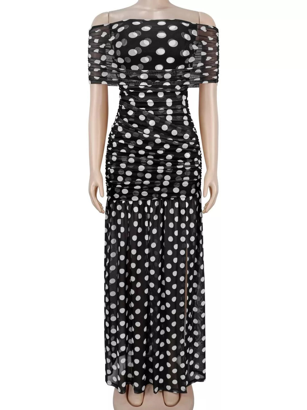 maxi dress in white with polka dot and ruched