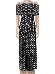 maxi dress in white with polka dot and ruched