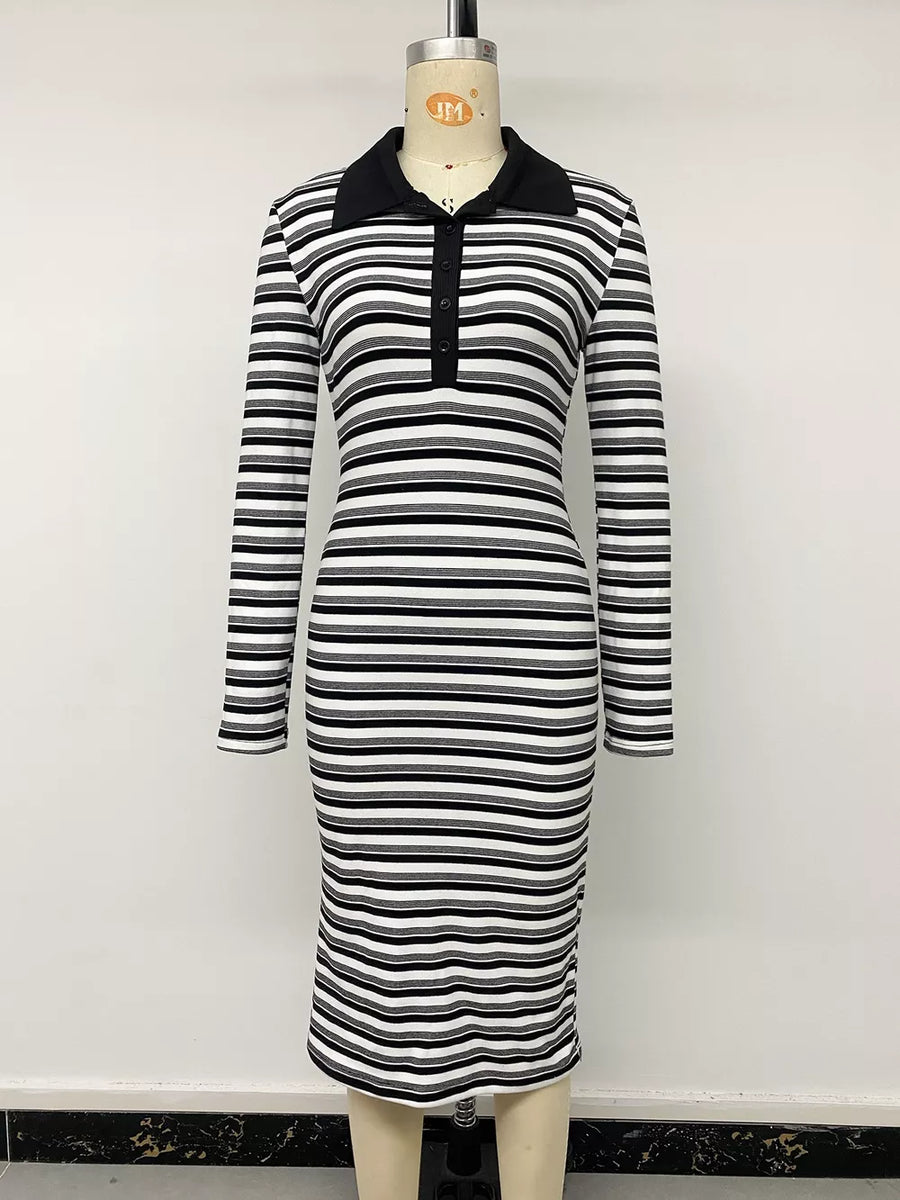 Striped Polo Collar Midi Dress option 6