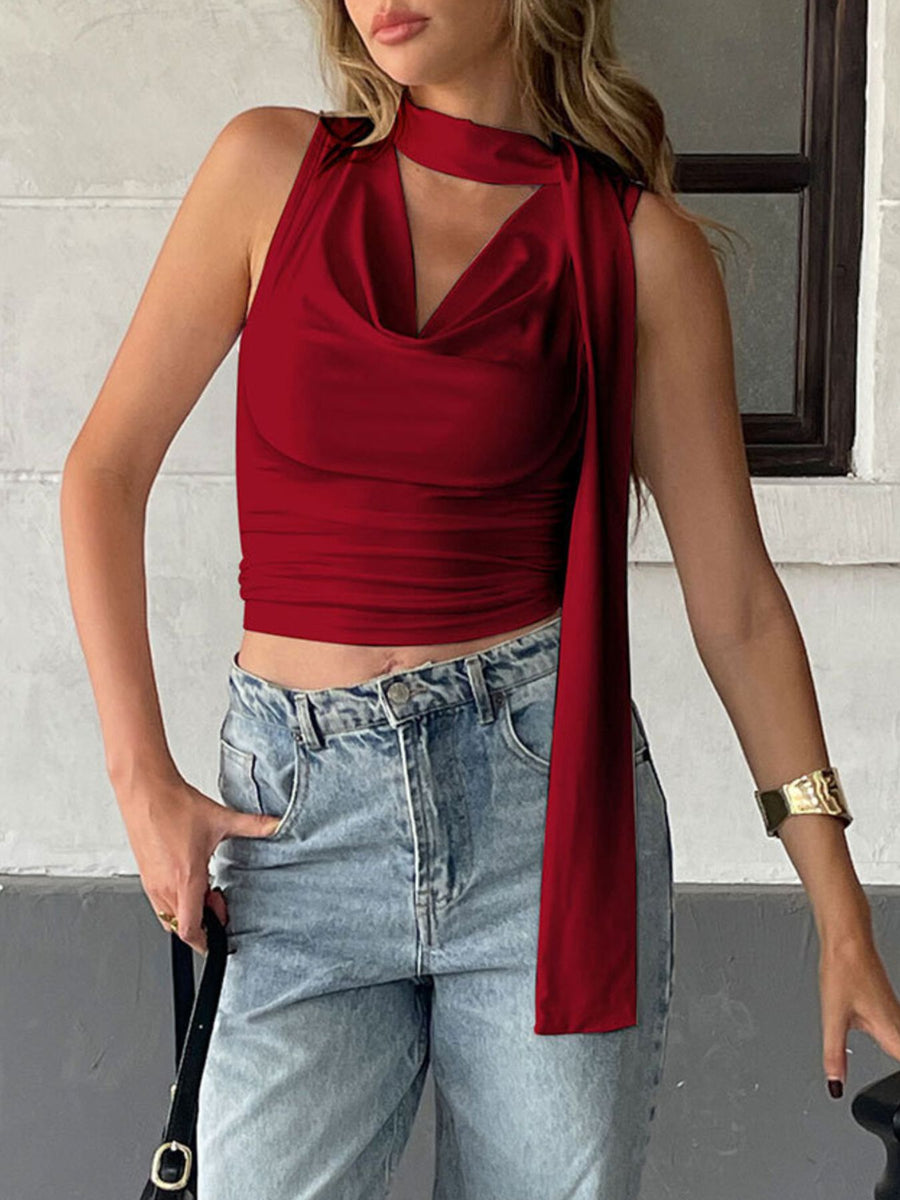 Red cowl neck cami top with draped detail and choker neckline