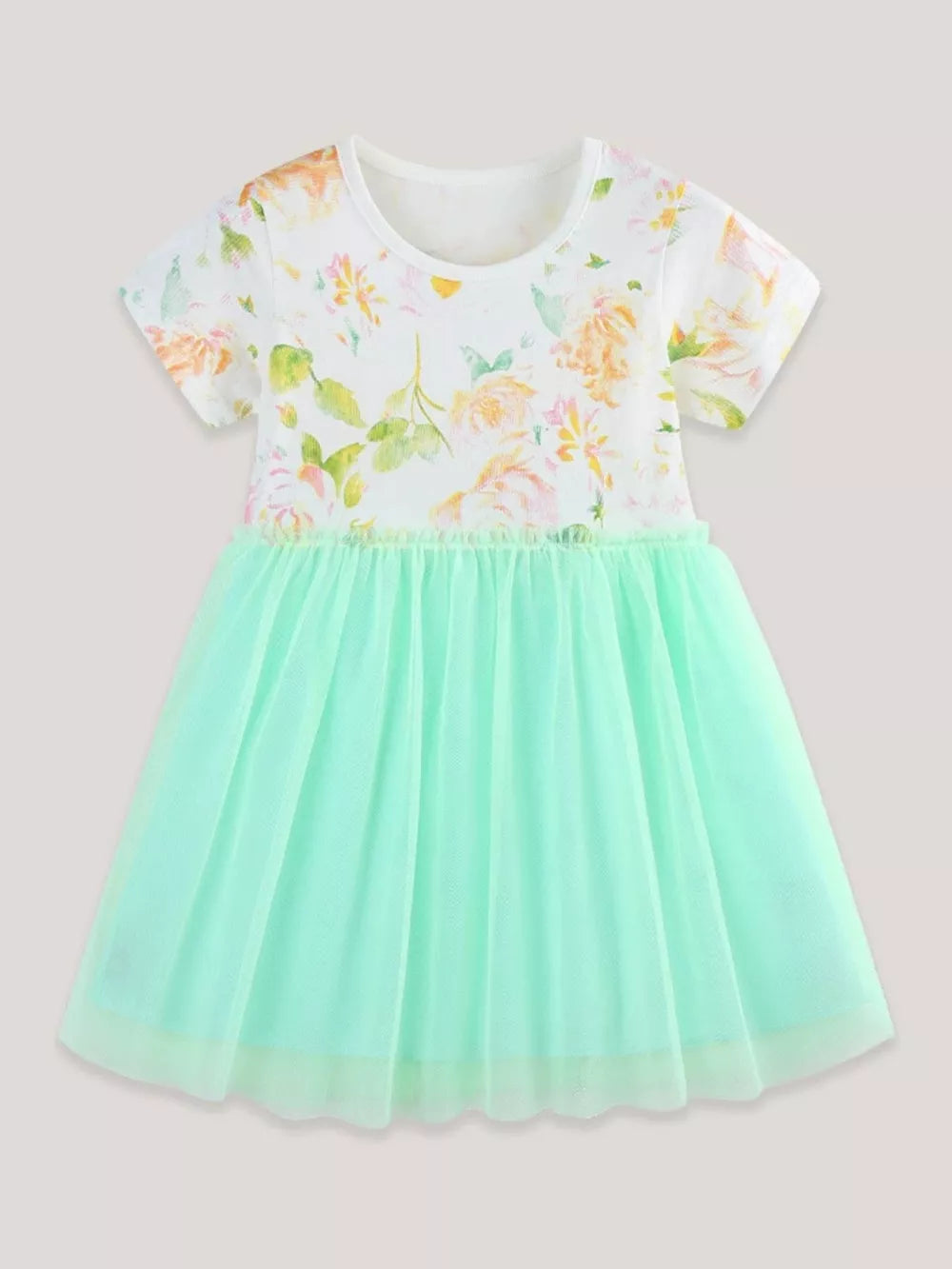 Toddler floral print dress with short sleeves and a mint green tulle skirt.