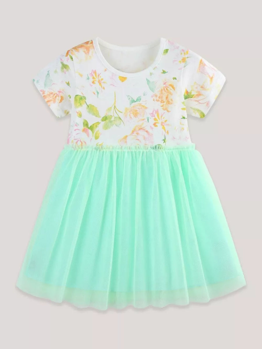 Toddler floral print dress with short sleeves and a mint green tulle skirt.