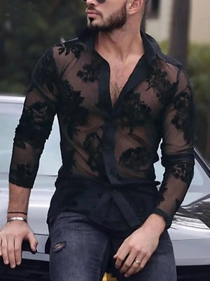 Black sheer floral embroidered button-down shirt with long sleeves.