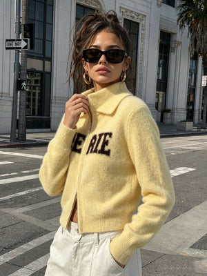 Fuzzy Letter Zip-Up Cardigan in Brown