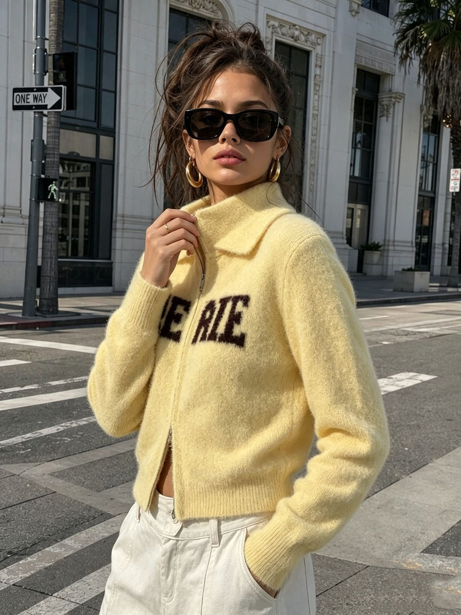 Fuzzy Letter Zip-Up Cardigan in Brown