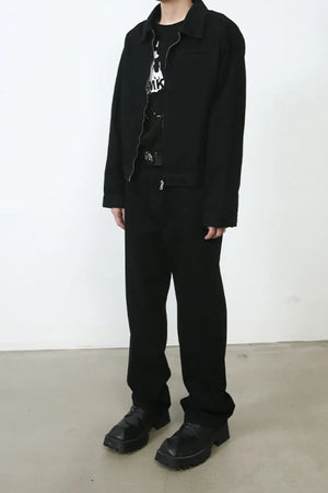 Relaxed fit black denim trousers with a straight leg and zip fly.