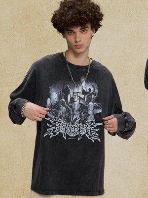 Washed black oversized long sleeve t-shirt with a graphic print of hands and a graveyard scene.