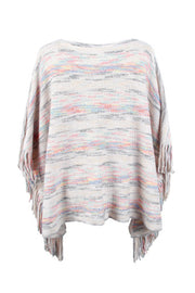 Multicolor knit poncho with fringe detail and boat neck, in ivory with multi-colored stripes.