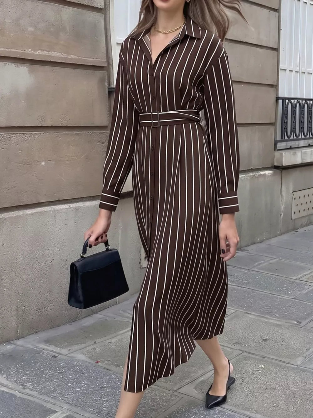 white shirt dress featuring buttoned and striped