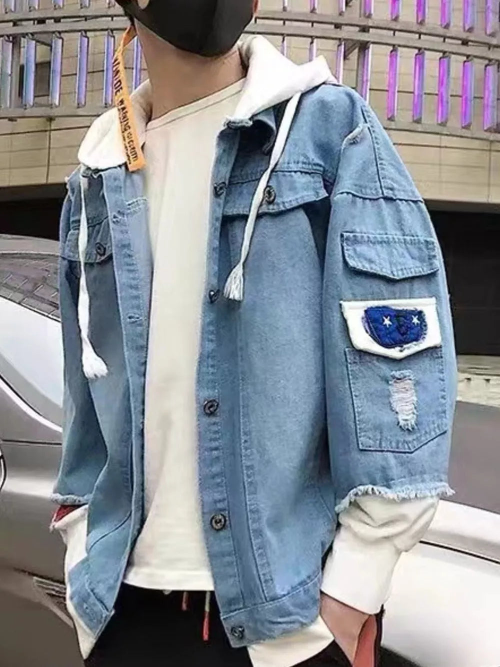 Light Men's Distressed Patchwork Hooded Denim Jacket
