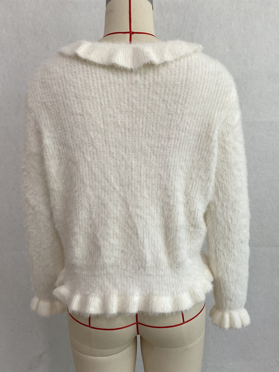 Soft Fuzzy Cardigan With Ruffled Collar in Khaki Color with ruffled collar
