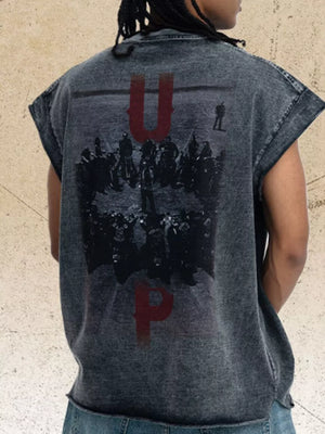 Men's dark gray acid-wash graphic tank top with distressed details and raw hem.