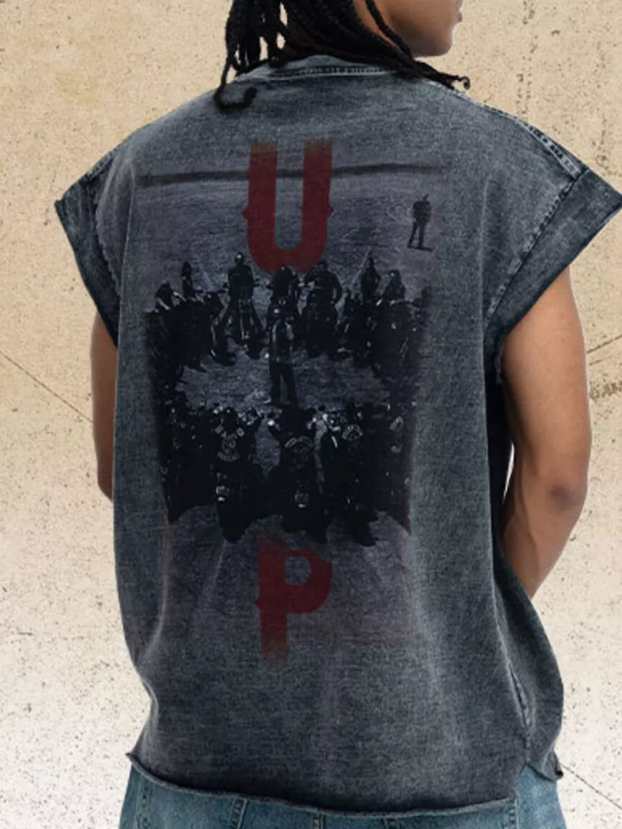 Men's dark gray acid-wash graphic tank top with distressed details and raw hem.