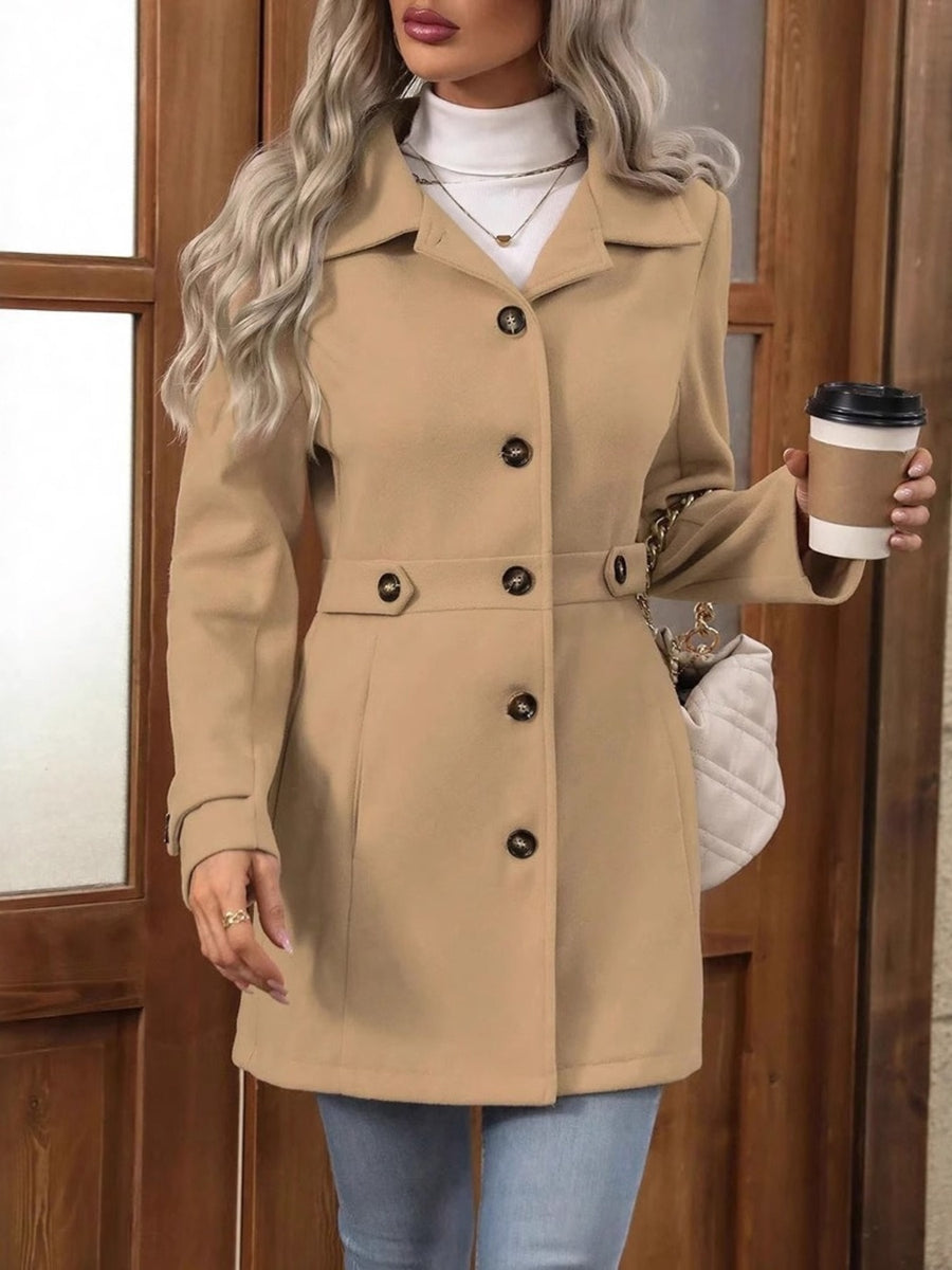 Black overcoat with thigh-length and button-front