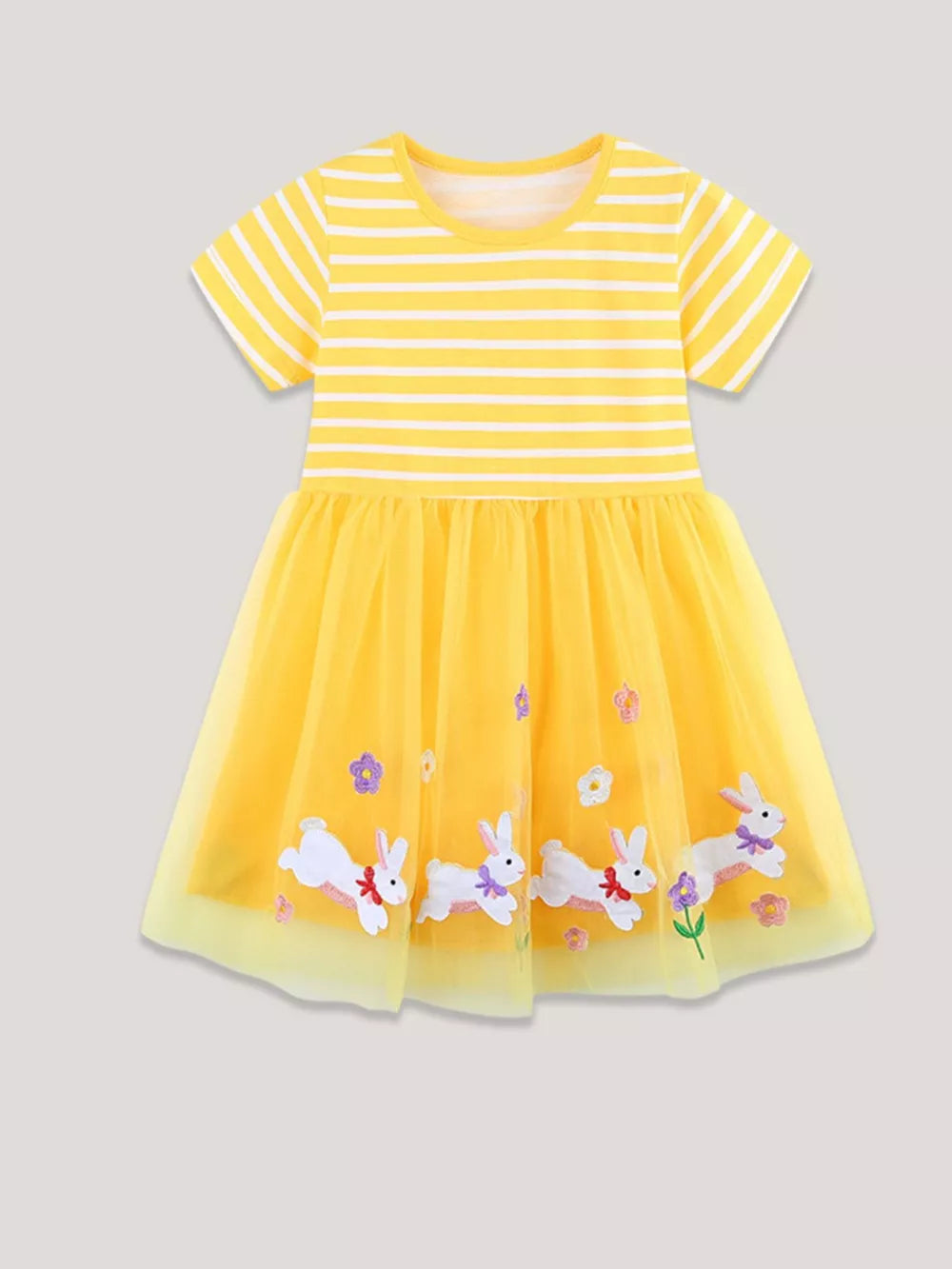 Yellow striped baby dress with bunny and floral tulle overlay