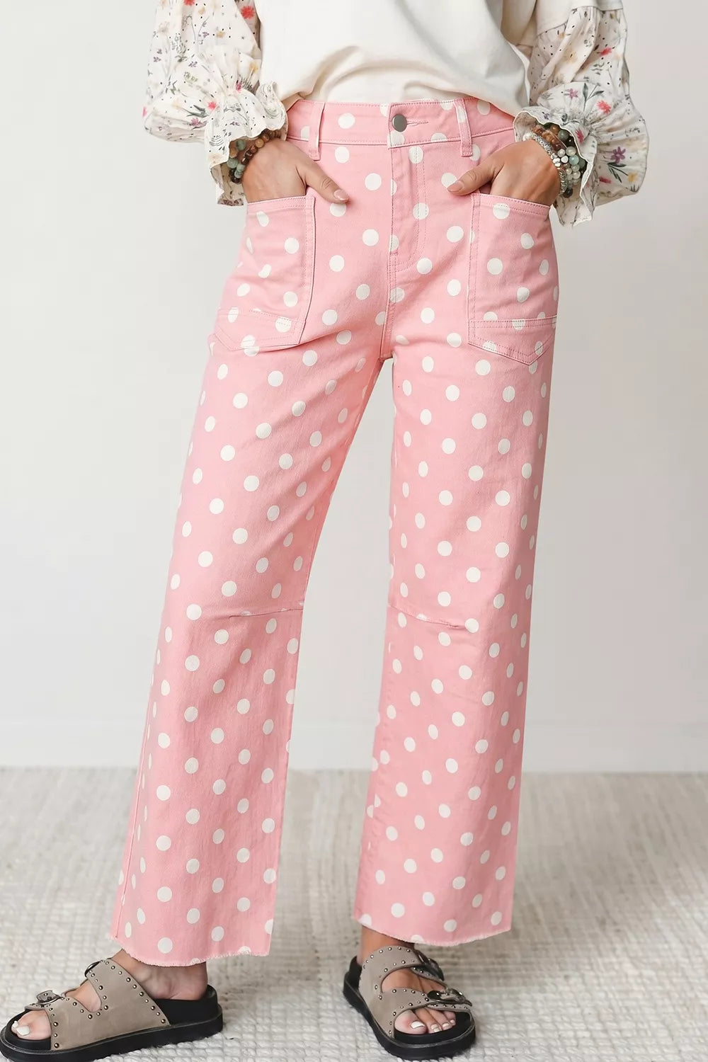 Blush Pink Polka Dot Wide Leg Jeans