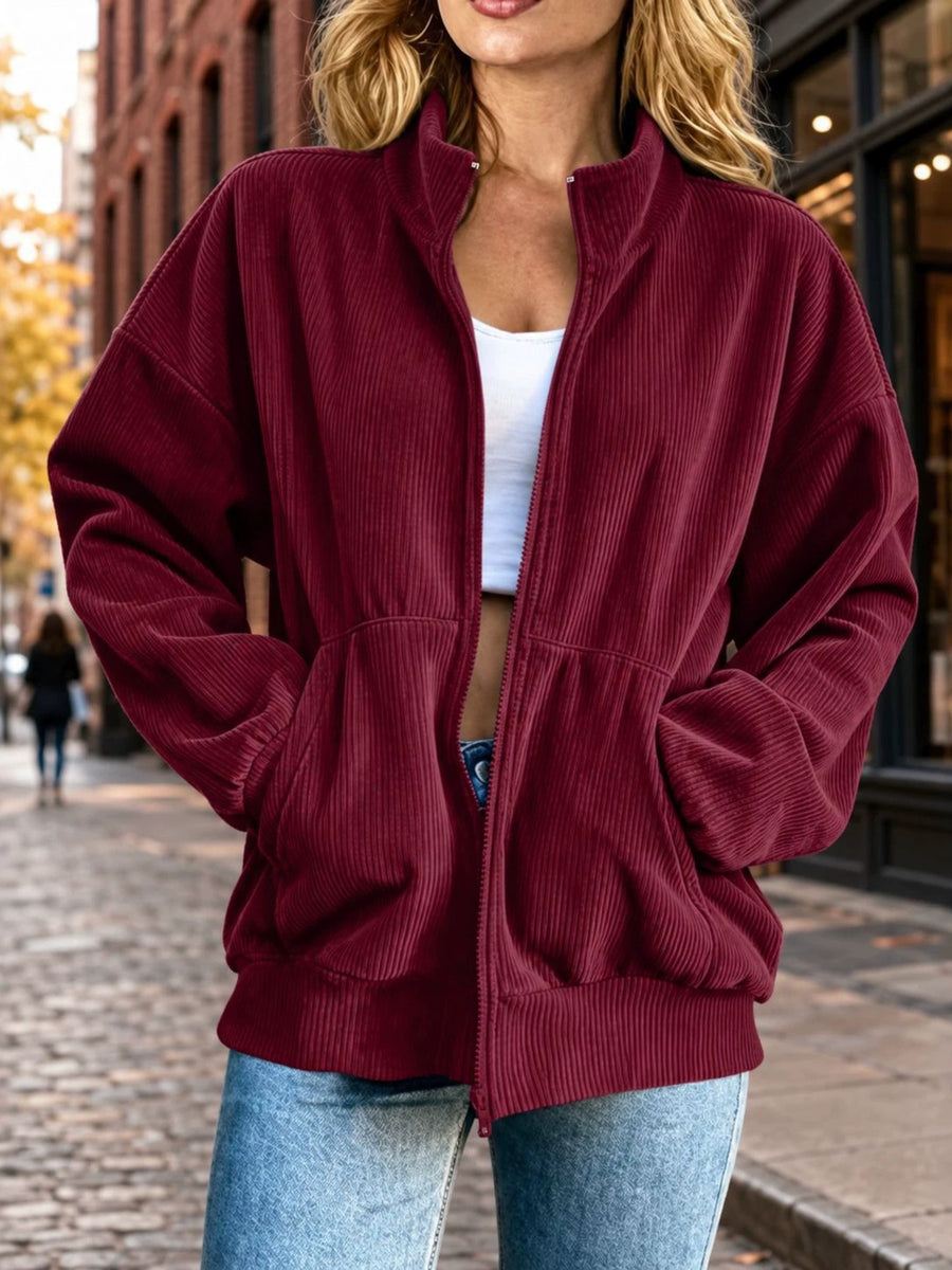 Red bomber jacket with hip-length and zip-front