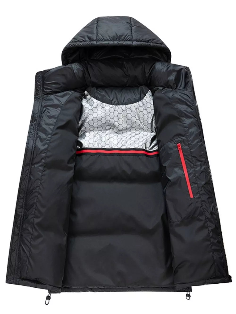 Black puffer jacket with contrast lining, red zipper pocket detail, and hood.