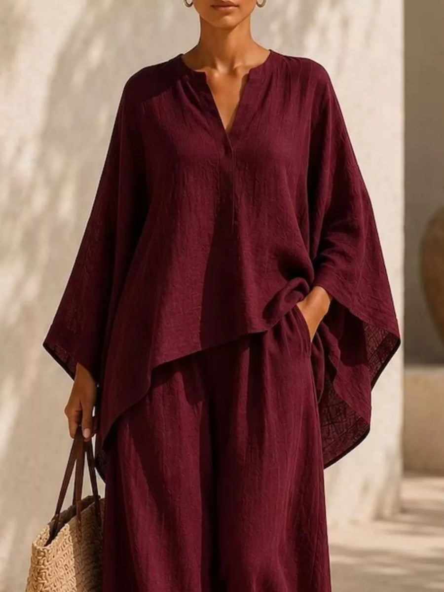 Notched Long Sleeve Top And Wide-leg Pants Set in White, view 12