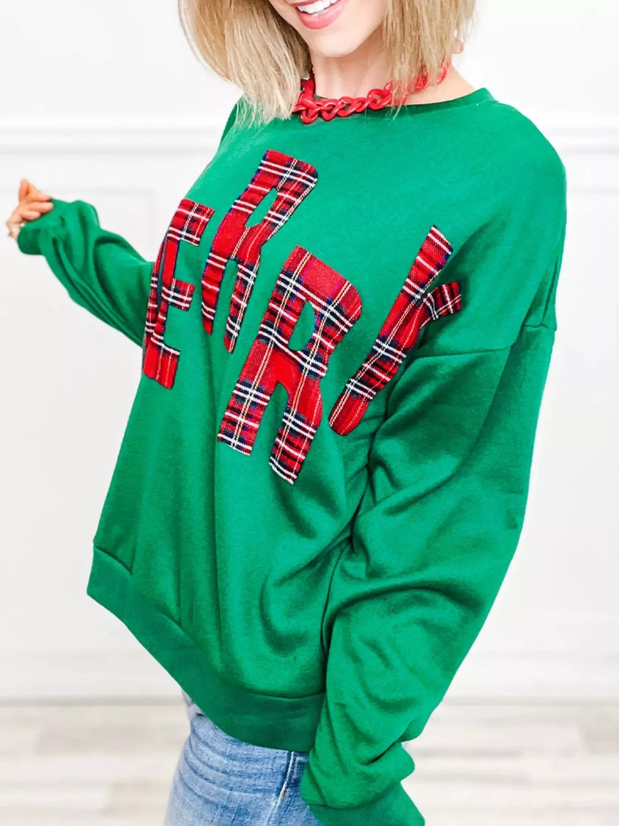 Green plaid letter graphic sweatshirt with crew neck and long sleeves.
