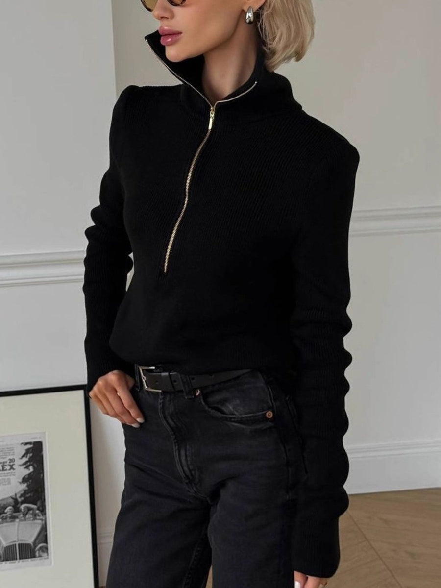 Black relaxed zip-up sweater with collared