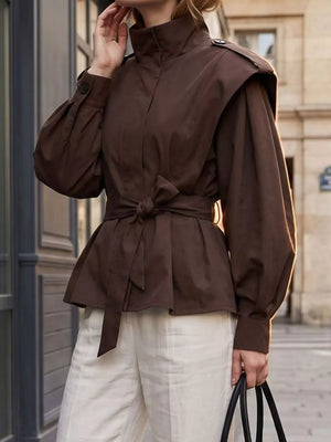Stand-collar Belted Trench Coat in Brown with belted