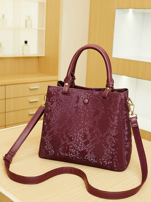 Snakeskin Pattern Medium Tote Handbag in burgundy with top handles