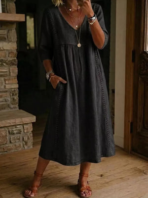 Black Full Size V-neck 3/4 Sleeve Midi Dress Plus Size