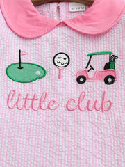 Pink and white seersucker baby dress with golf embroidery and a Peter Pan collar.