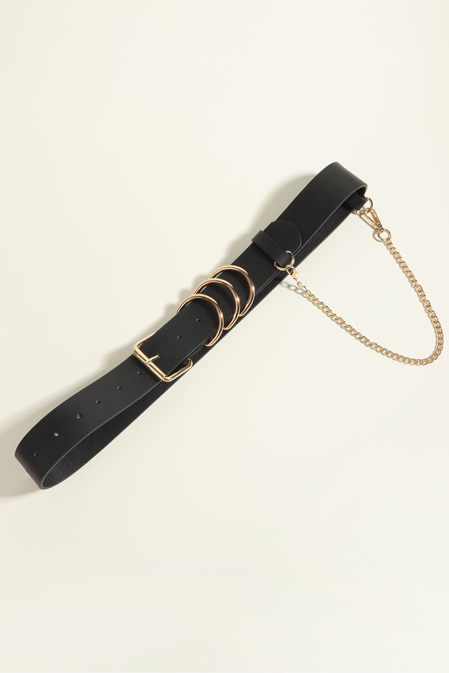 Black PU leather belt with gold chain detail and ring accents