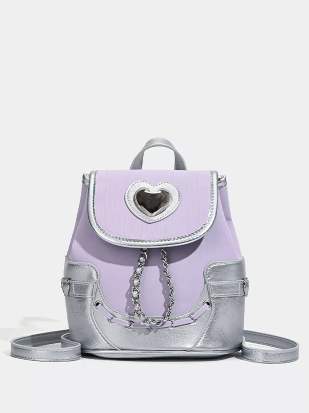 Charming mini heart flap backpack in purple with silver accents and chain detail.