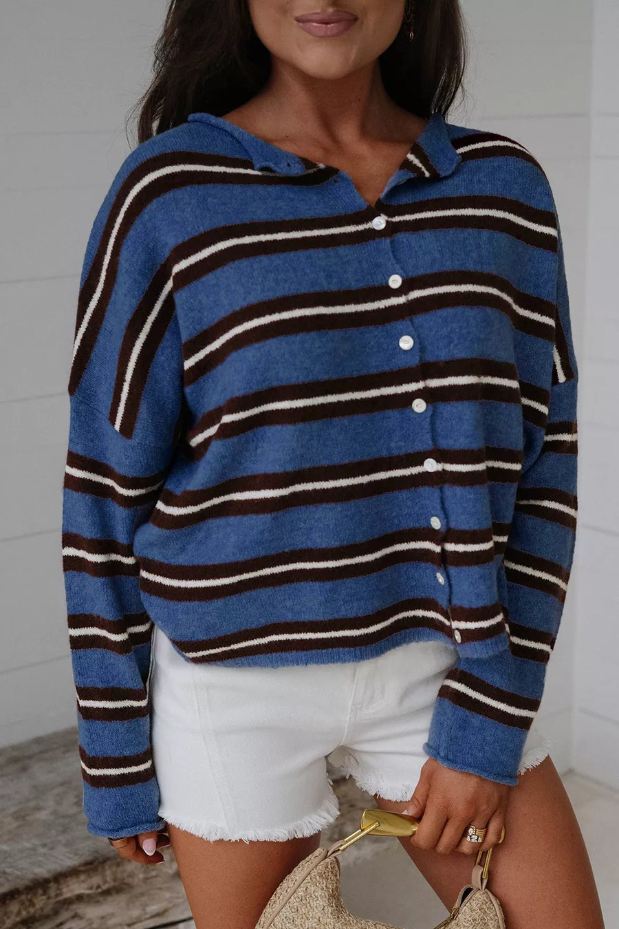 Dusty Blue with Striped Drop Shoulder Button Cardigan in Dusty Blue