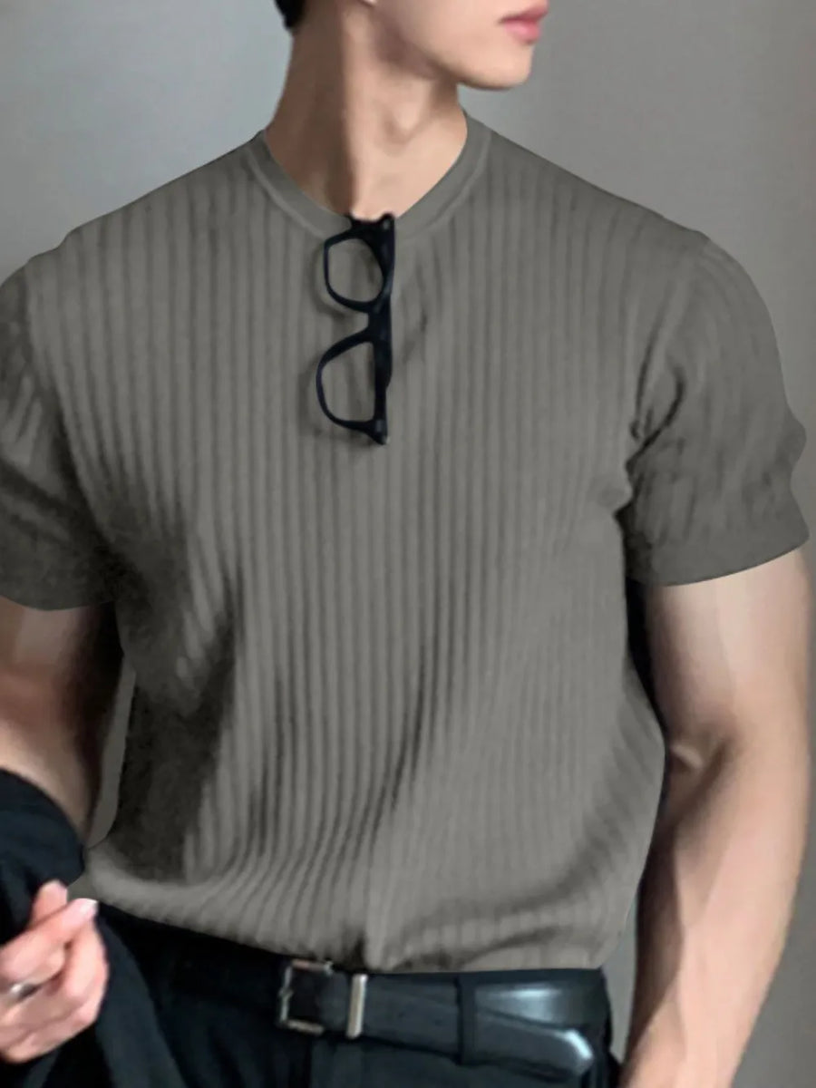 Textured ribbed crewneck tee in coffee brown with short sleeves.
