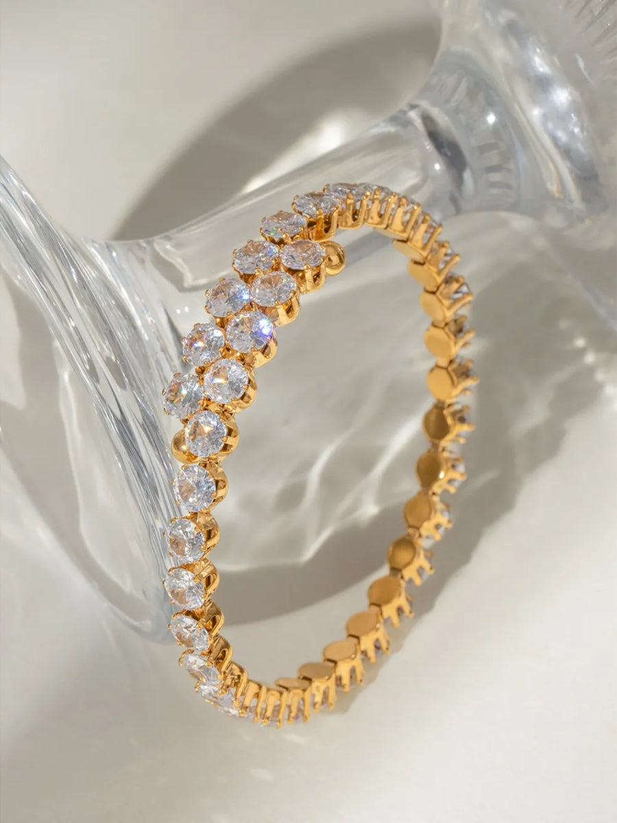 Gold double row pavé bangle bracelet with clear crystals